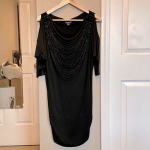 Bebe black cold shoulder mini dress with attached necklace